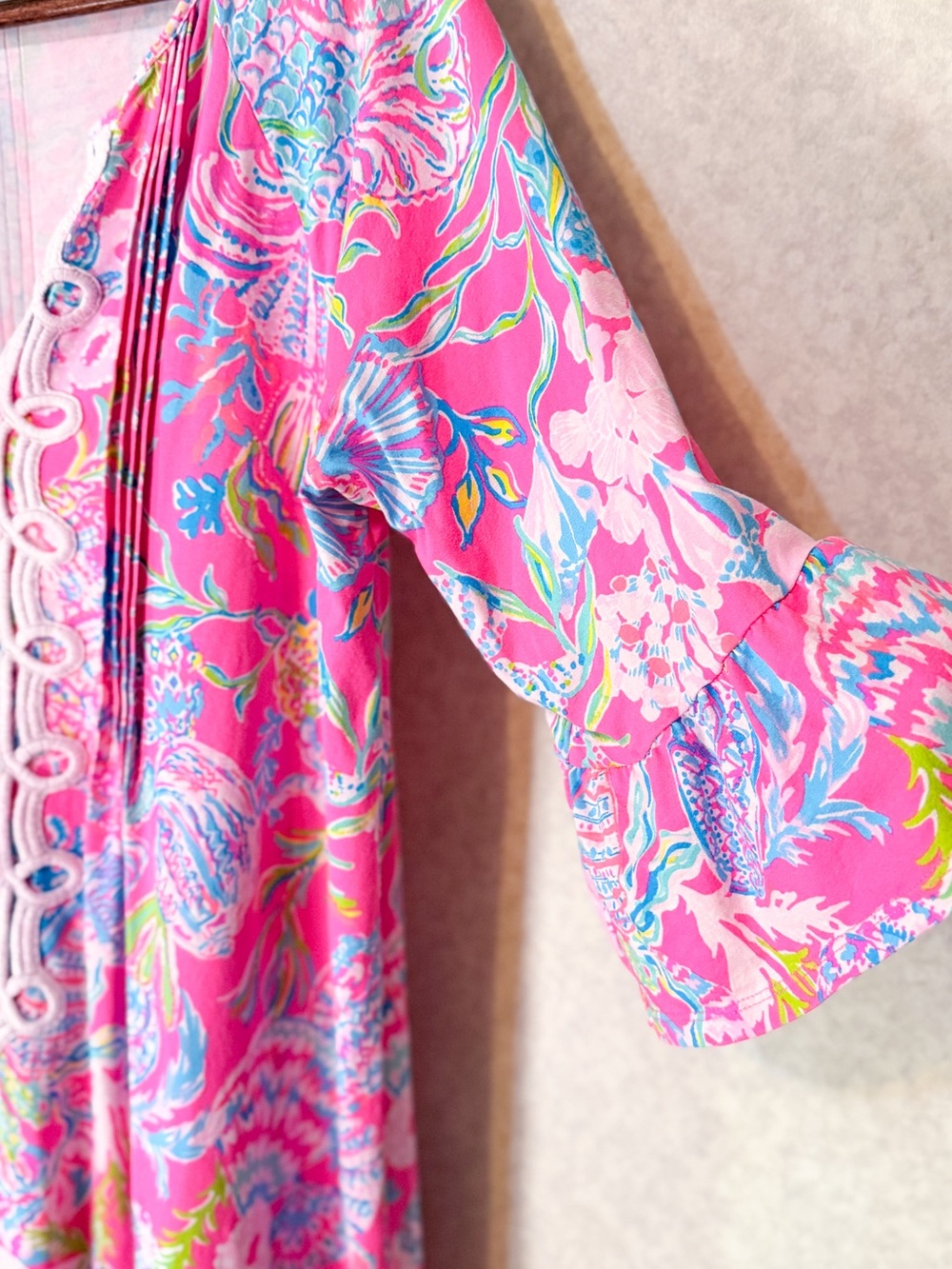 Lilly Pulitzer Pink Seashell Print Bell Sleeve Shift Dress Resort Coastal Chic L - Picture 5 of 9